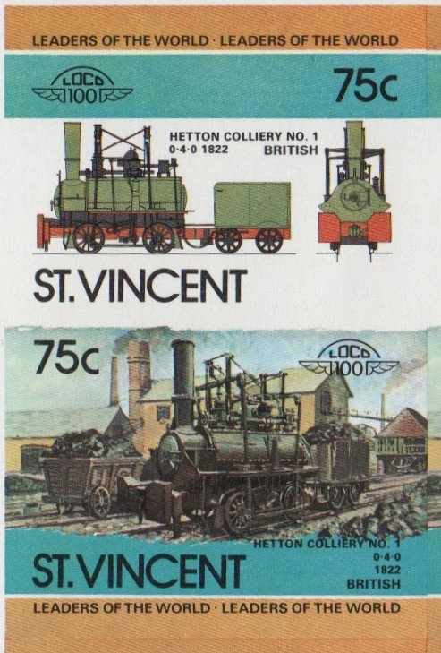 Saint Vincent Locomotives (2nd series) 75c 1822 Hetton Colliery No.1 0-4-0 Final Stage Progressive Color Proof Stamp Pair