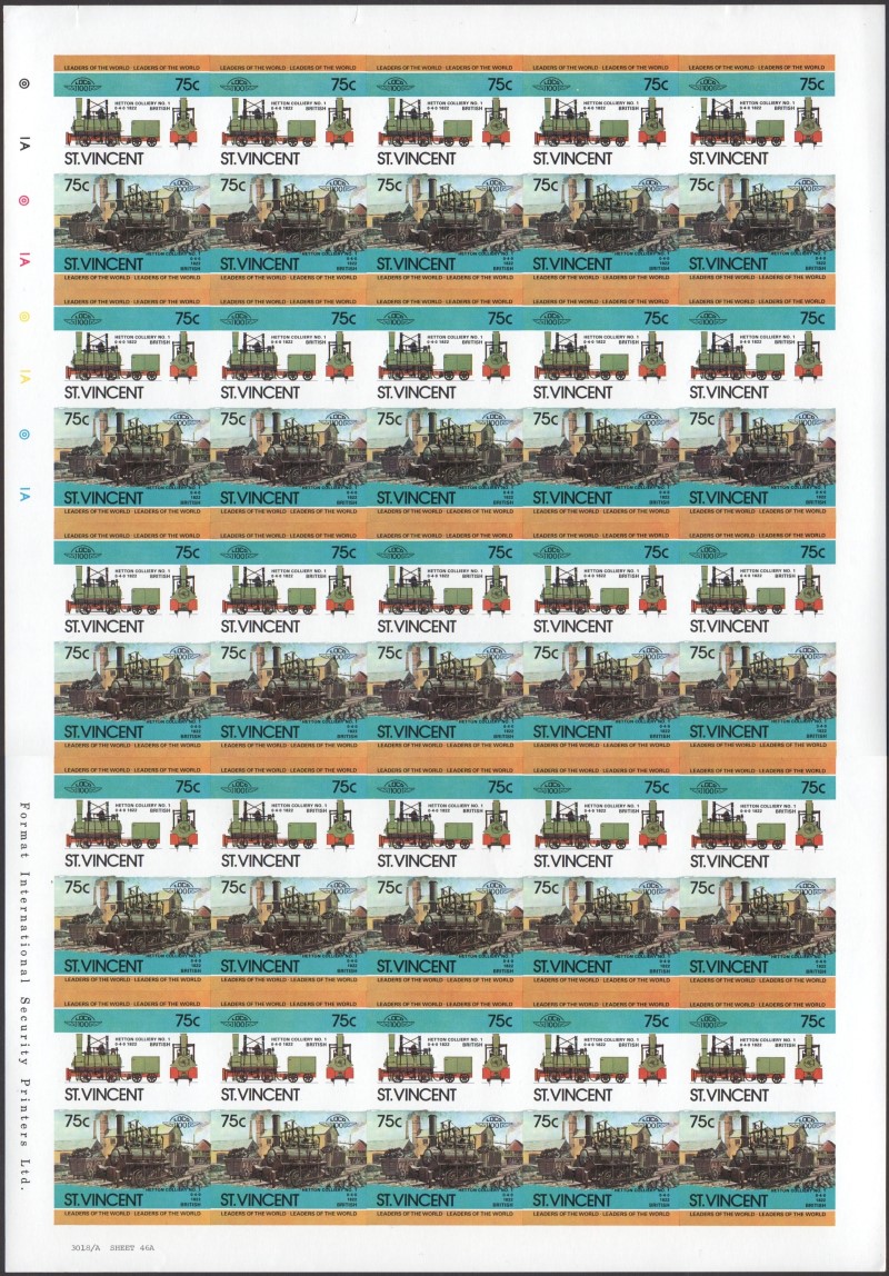 Saint Vincent Locomotives (2nd series) 75c 1822 Hetton Colliery No.1 0-4-0 Final Stage Progressive Color Proof Stamp Pane