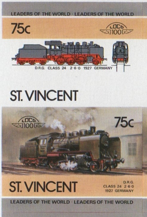 Saint Vincent Locomotives (5th series) 75c 1927 D.R.G. Class 24 2-6-0 Final Stage Progressive Color Proof Stamp Pair
