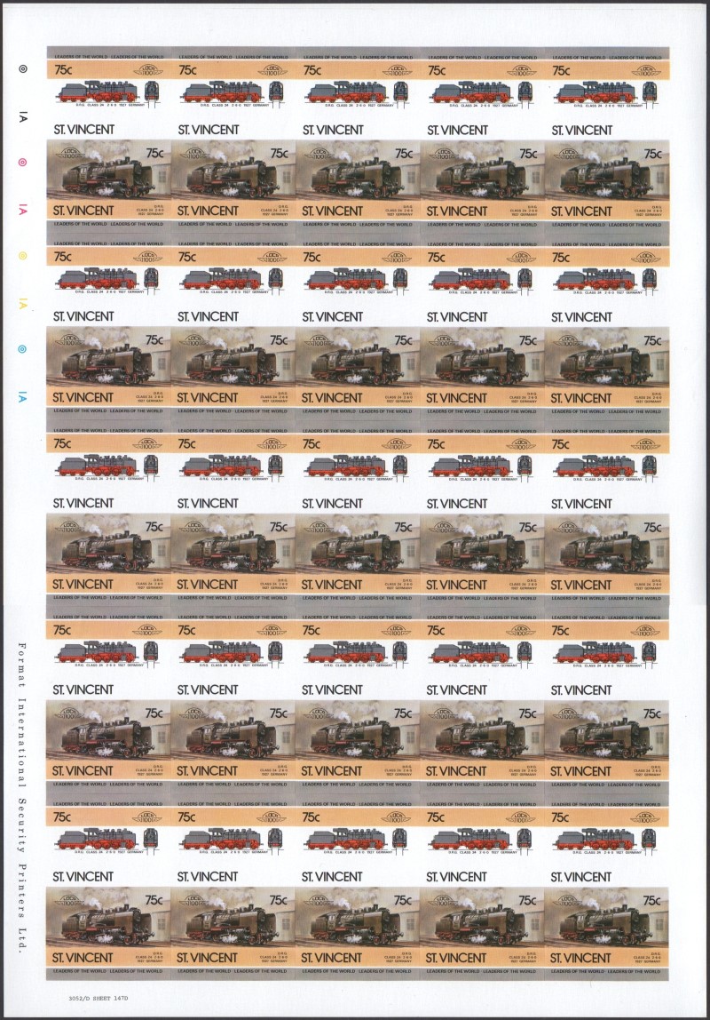 Saint Vincent Locomotives (5th series) 75c 1927 D.R.G. Class 24 2-6-0 Final Stage Progressive Color Proof Stamp Pane
