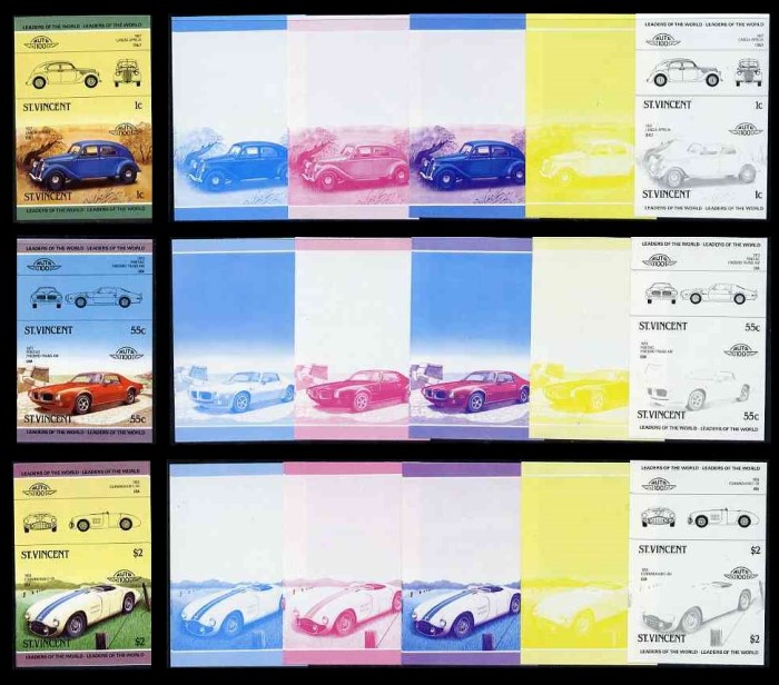 1985 Saint Vincent Leaders of the World, Automobiles (3rd series) 6 stage Color Proof Sets