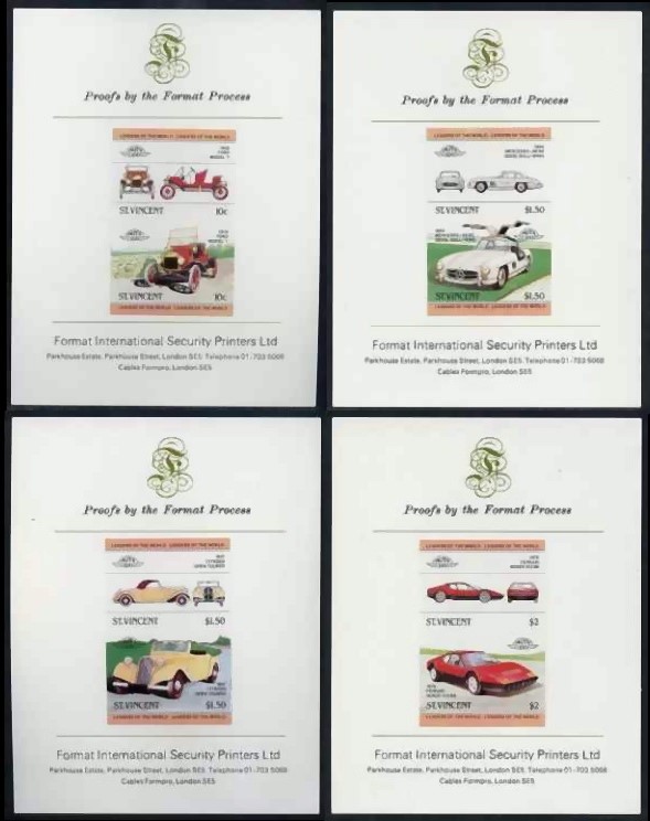 1983 Saint Vincent Leaders of the World, Automobiles (1st series) Imperforate Proof Presentation Cards