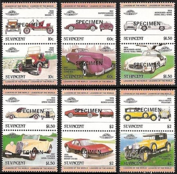 1983 Saint Vincent Leaders of the World, Automobiles (1st series) SPECIMEN Overprinted Stamps
