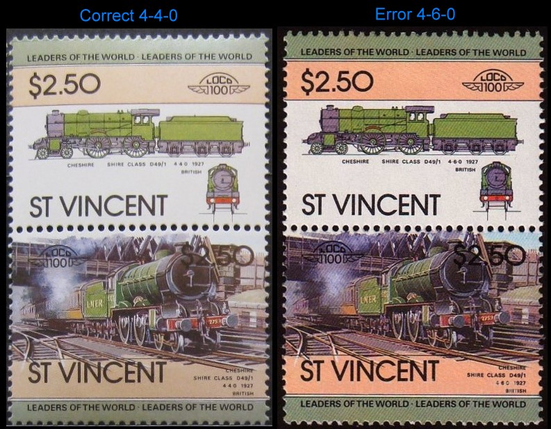 1983 Saint Vincent Leaders of the World, Locomotives (1st series) Scott 708 print error Stamp