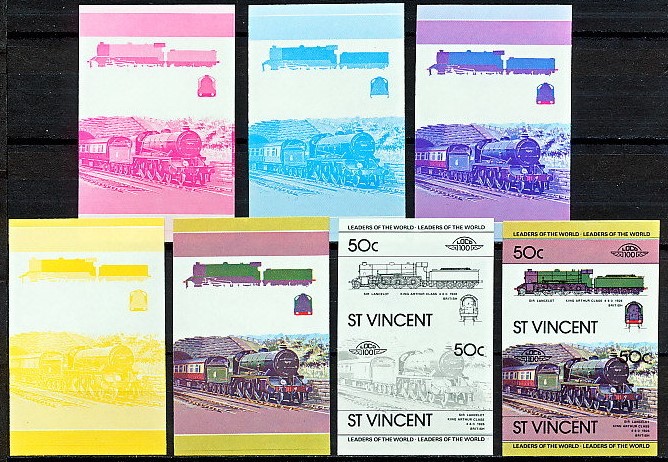 1983 Saint Vincent Leaders of the World, Locomotives (1st series) Progressive Color Proof Stamps