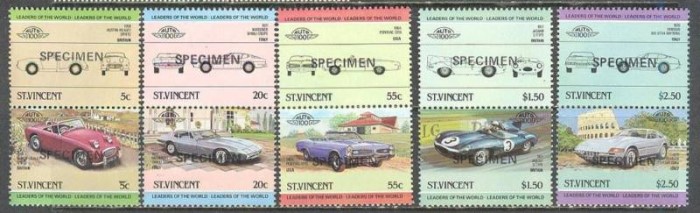 1984 Saint Vincent Leaders of the World, Automobiles (2nd series) SPECIMEN Overprinted Stamps