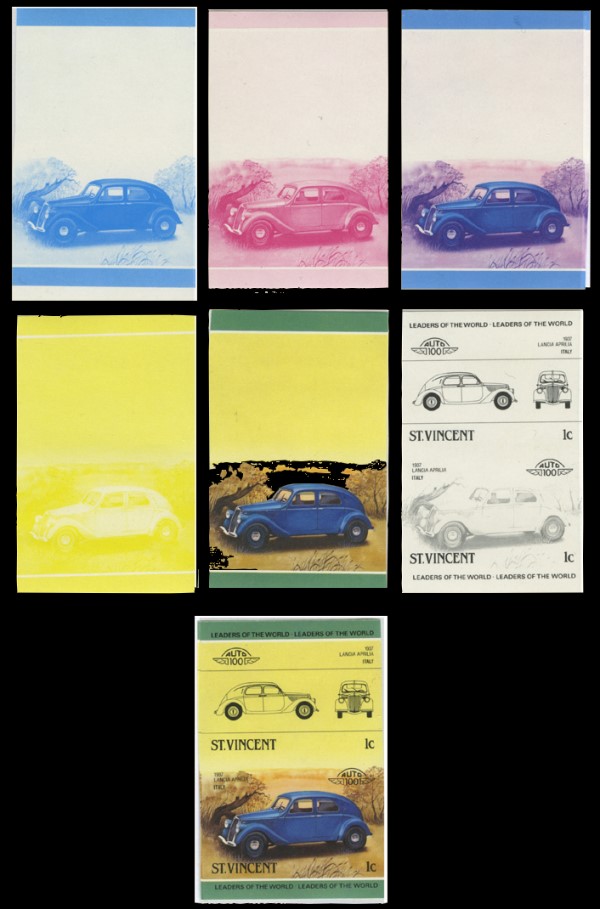 1985 Saint Vincent Leaders of the World, Automobiles (3rd series) Progressive Color Proof Stamps