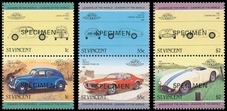 1985 Saint Vincent Leaders of the World, Automobiles (3rd series) SPECIMEN Overprinted Stamps
