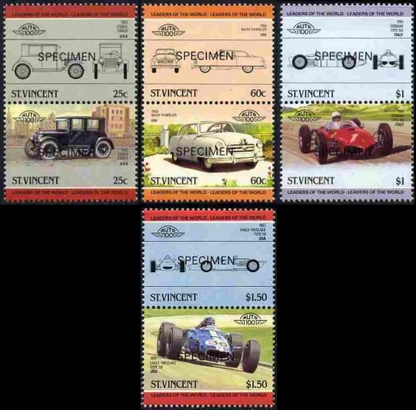 1985 Saint Vincent Leaders of the World, Automobiles (4th series) SPECIMEN Overprinted Stamps