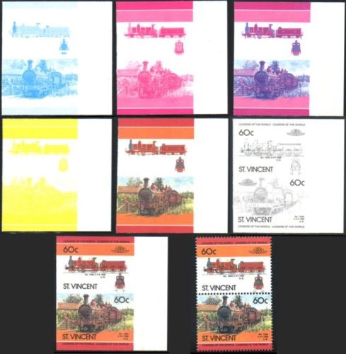 1985 Saint Vincent Leaders of the World, Locomotives (4th series) Progressive Color Proof Stamps