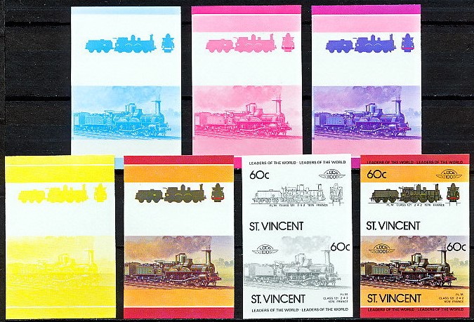 1985 Saint Vincent Leaders of the World, Locomotives (5th series) Progressive Color Proof Stamps