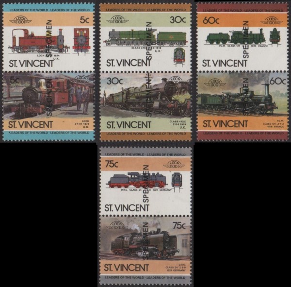 1985 Saint Vincent Leaders of the World, Locomotives (5th series) SPECIMEN Overprinted Stamps