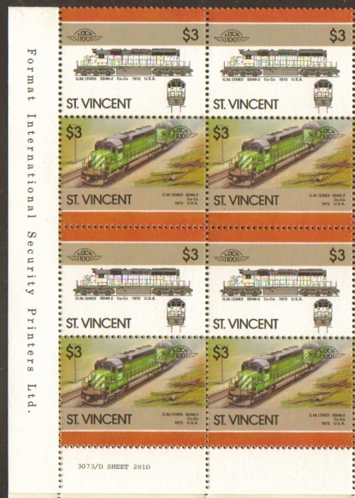 1986 Saint Vincent Leaders of the World, Locomotives (6th series) $3.00 Missing Green Error Stamp
