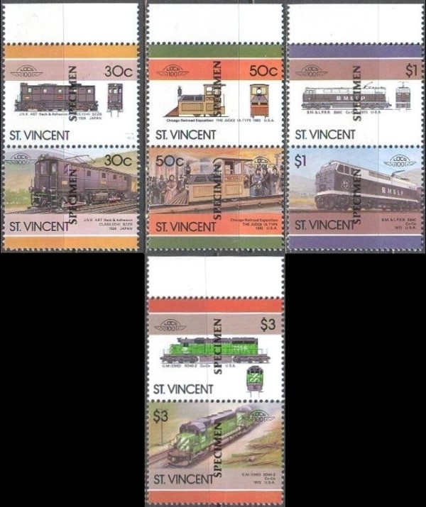1986 Saint Vincent Leaders of the World, Locomotives (6th series) SPECIMEN Overprinted Stamps