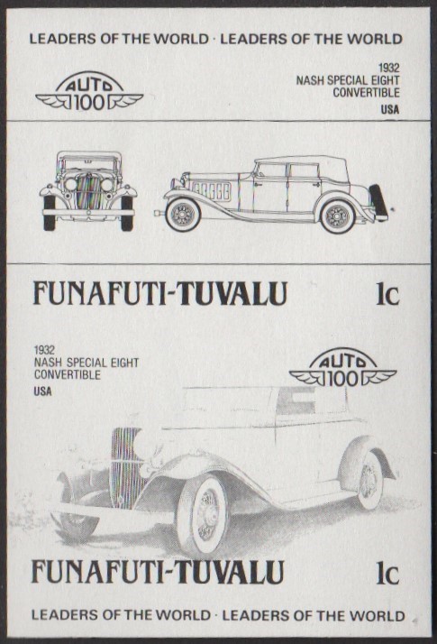 Funafuti 2nd Series 1c 1932 Nash Special Eight Convertible Automobile Stamp Black Stage Color Proof