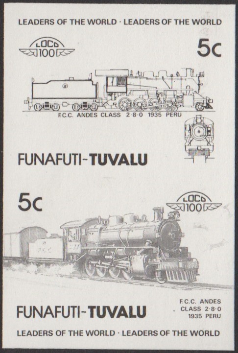 Funafuti 3rd Series 5c 1935 F.C.C. Andes Class 2-8-0 Locomotive Stamp Black Stage Color Proof