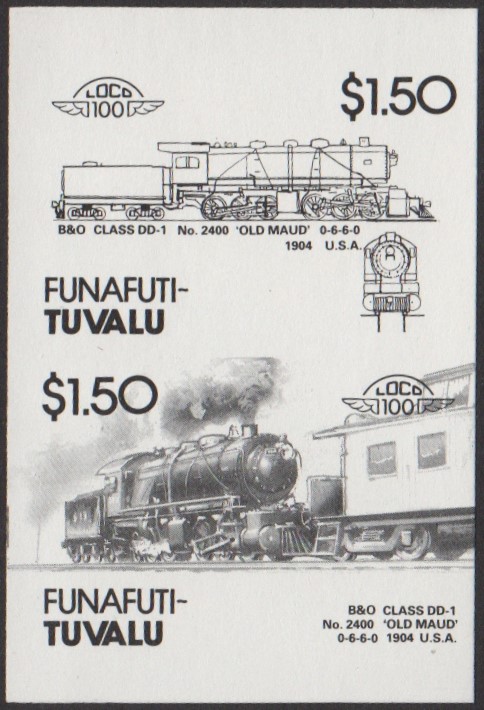 Funafuti 4th Series $1.50 1904 B&O Class DD-1 no. 2400 Old Maud 0-6-6-0 Locomotive Stamp Black Stage Color Proof