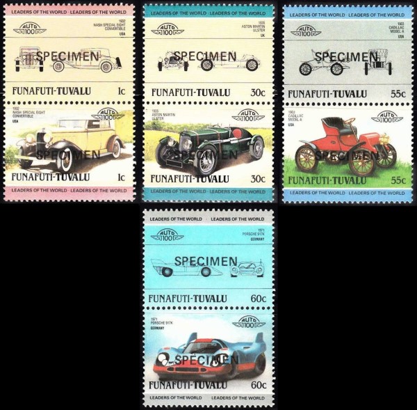 1985 Funafuti Leaders of the World, Automobiles (2nd series) SPECIMEN Overprinted Stamps