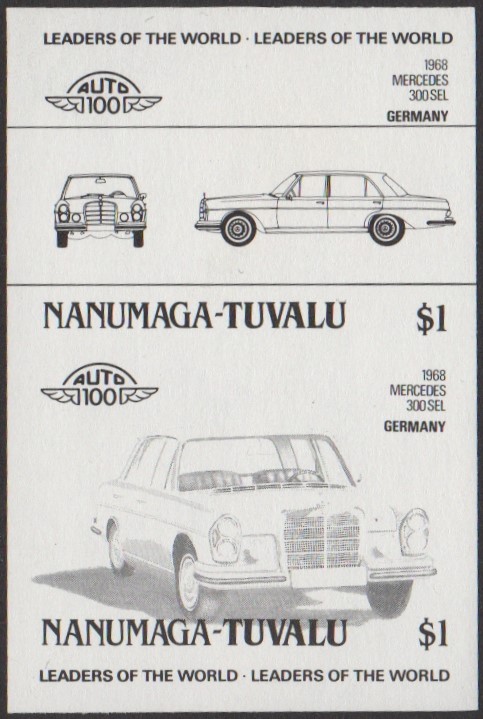 Nanumaga 2nd Series $1.00 1968 Mercedes 300 SEL Automobile Stamp Black Stage Color Proof