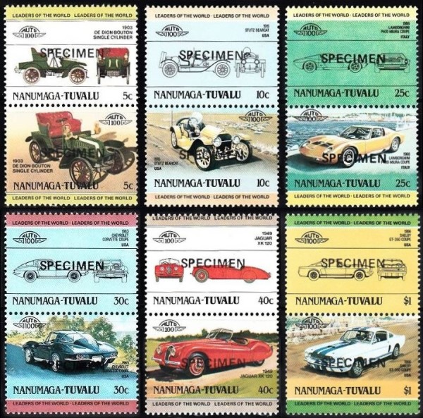 1984 Nanumaga Leaders of the World, Automobiles (1st series) SPECIMEN Overprinted Stamps