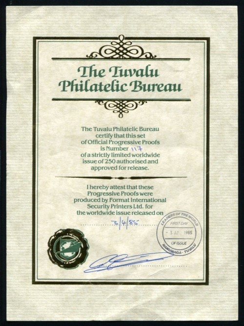 1985 Nanumaga Leaders of the World, Locomotives Presentation Folder Certificate of Guarantee