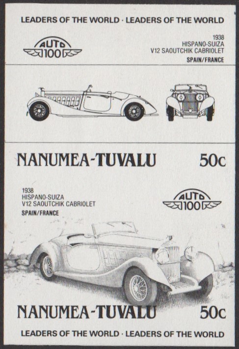Nanumea 2nd Series 50c 1938 Hispano-Suiza V12 Saoutchik Cabriolet Automobile Stamp Black Stage Color Proof