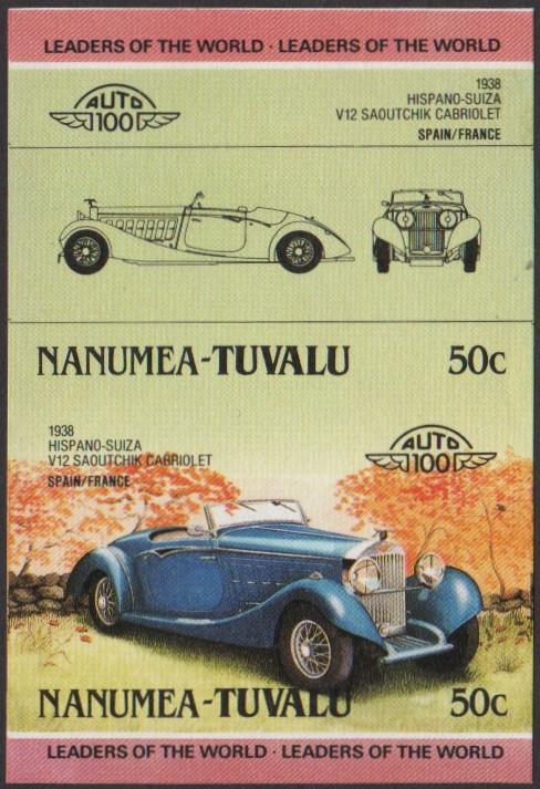 Nanumea 2nd Series 50c 1938 Hispano-Suiza V12 Saoutchik Cabriolet Automobile Stamp Final Stage Color Proof