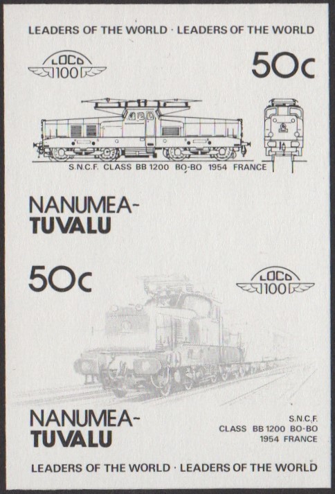 Nanumea 2nd Series 50c 1954 S.N.C.F. Class BB 1200 Bo-Bo Locomotive Stamp Black Stage Color Proof