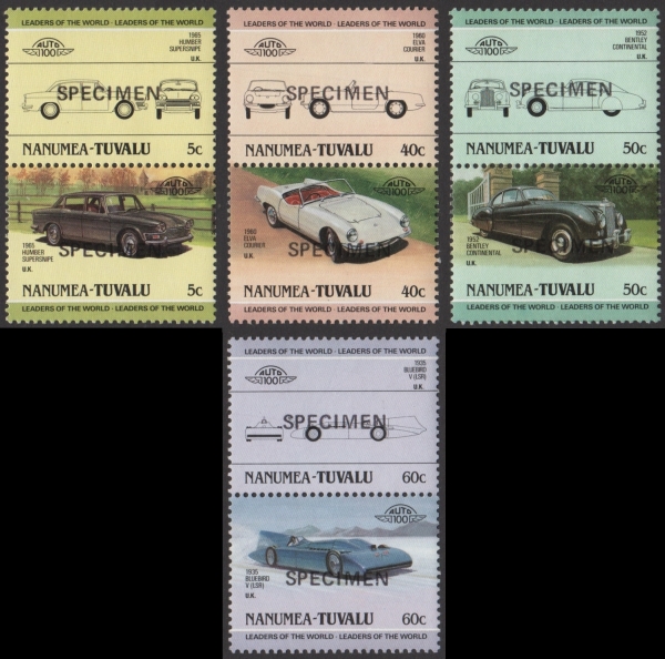 1985 Nanumea Leaders of the World, Automobiles (1st series) SPECIMEN Overprinted Stamps