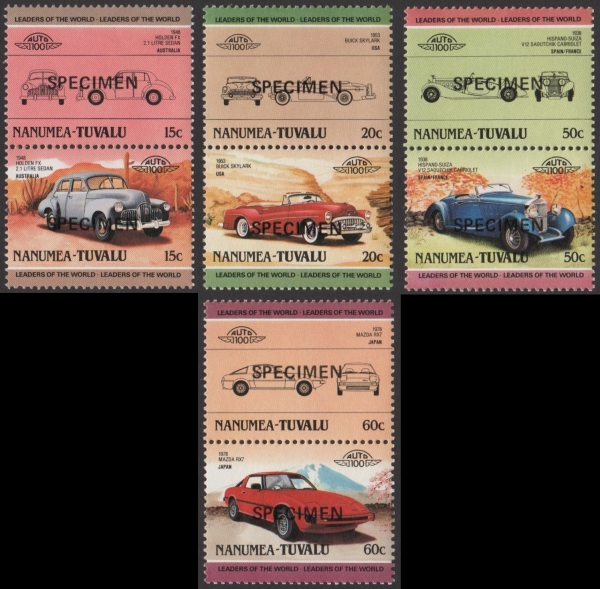 1985 Nanumea Leaders of the World, Automobiles (2nd series) SPECIMEN Overprinted Stamps