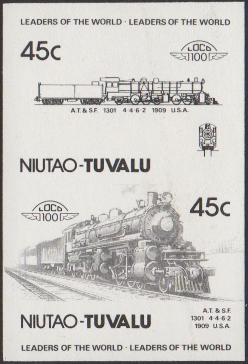 Niutao 2nd Series 45c 1909 Atchison, Topeka & Santa Fe 1301 4-4-6-2 Locomotive Stamp Black Stage Color Proof