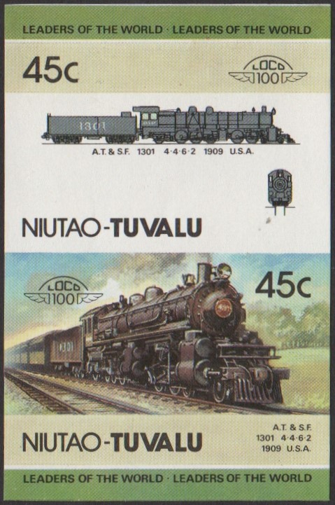 Niutao 2nd Series 45c 1909 Atchison, Topeka & Santa Fe 1301 4-4-6-2 Locomotive Stamp Final Stage Color Proof