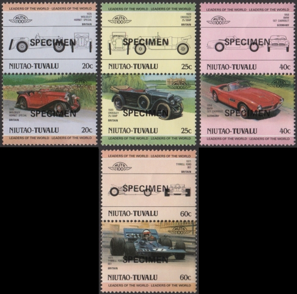 1985 Niutao Leaders of the World, Automobiles (2nd series) SPECIMEN Overprinted Stamps