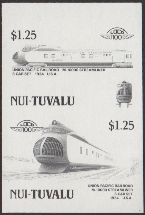 Nui 3rd Series $1.25 1934 Union Pacific Railroad M-10000 Streamliner 3-car set Locomotive Stamp Black Stage Color Proof