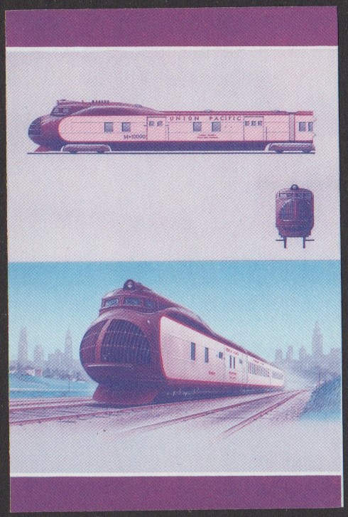 Nui 3rd Series $1.25 1934 Union Pacific Railroad M-10000 Streamliner 3-car set Locomotive Stamp Blue-Red Stage Color Proof