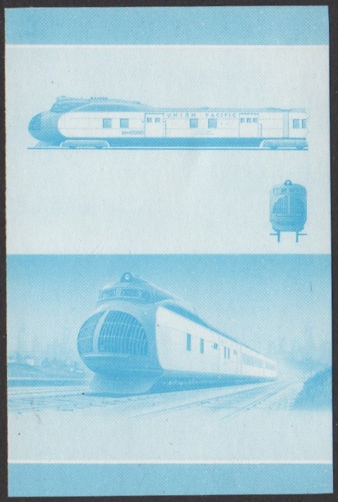 Nui 3rd Series $1.25 1934 Union Pacific Railroad M-10000 Streamliner 3-car set Locomotive Stamp Blue Stage Color Proof
