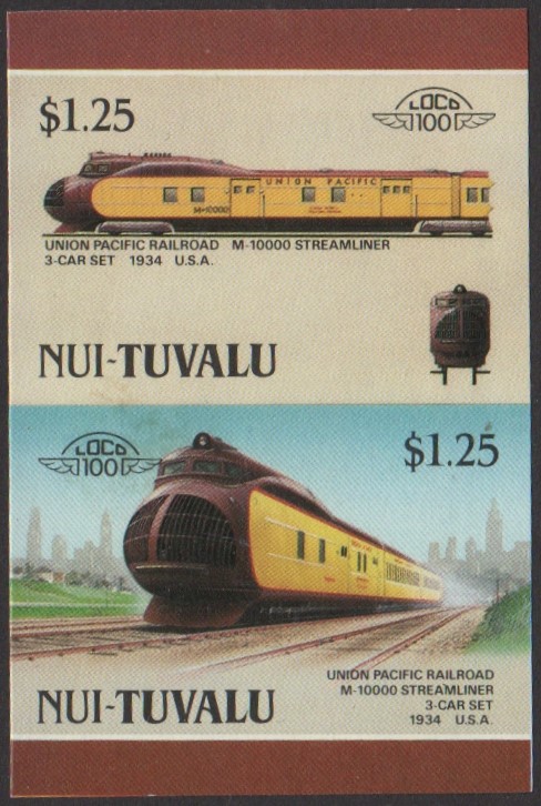 Nui 3rd Series $1.25 1934 Union Pacific Railroad M-10000 Streamliner 3-car set Locomotive Stamp Final Stage Color Proof