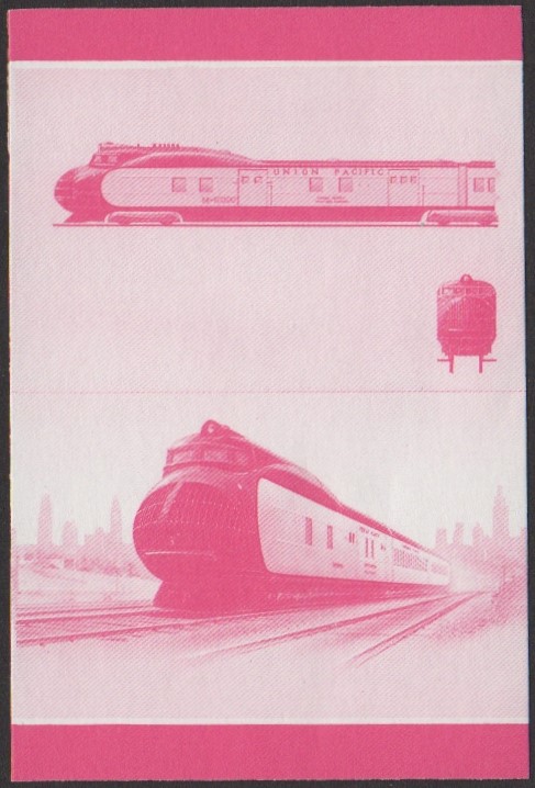 Nui 3rd Series $1.25 1934 Union Pacific Railroad M-10000 Streamliner 3-car set Locomotive Stamp Red Stage Color Proof