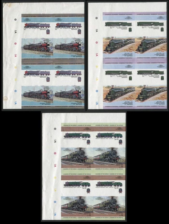 1984 Nui Leaders of the World, Locomotives (1st series) Missing Country Name and Denomination Error Stamps