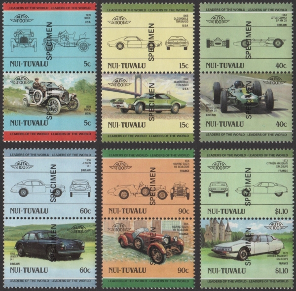 1985 Nui Leaders of the World, Automobiles (2nd series) SPECIMEN Overprinted Stamps
