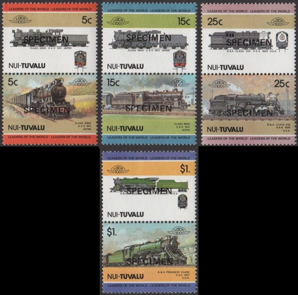 1985 Nui Leaders of the World, Locomotives (2nd series) SPECIMEN Overprinted Stamps