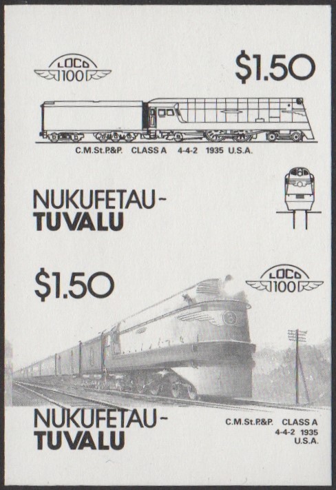 Nukufetau 2nd Series $1.50 1935 Chicago Milwaukee St.Paul & Pacific Class A 4-4-2 Locomotive Stamp Black Stage Color Proof