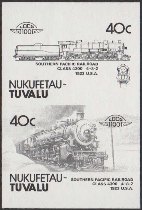Nukufetau 2nd Series 40c 1923 Southern Pacific Railroad Class 4300 4-8-2 Locomotive Stamp Black Stage Color Proof