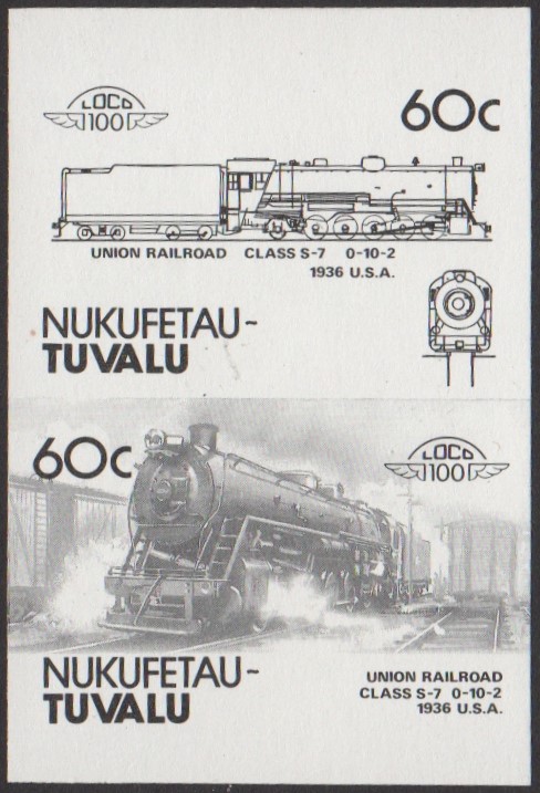 Nukufetau 2nd Series 60c 1936 Union Railroad Class S-7 0-10-2 Locomotive Stamp Black Stage Color Proof