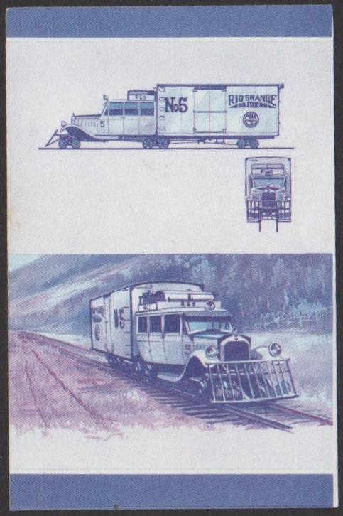 Nukufetau 3rd Series $1.00 1933 Rio Grande Southern Railroad Galloping Goose Railcar No. 5 2-B-2 Locomotive Stamp Blue-Red Stage Color Proof