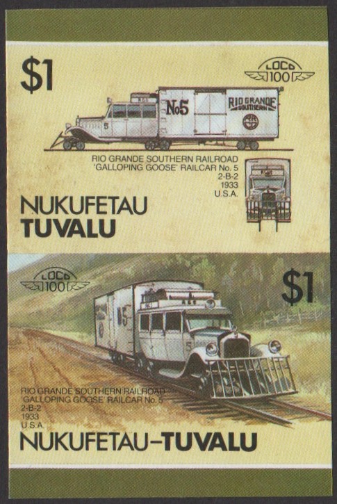 Nukufetau 3rd Series $1.00 1933 Rio Grande Southern Railroad Galloping Goose Railcar No. 5 2-B-2 Locomotive Stamp Final Stage Color Proof