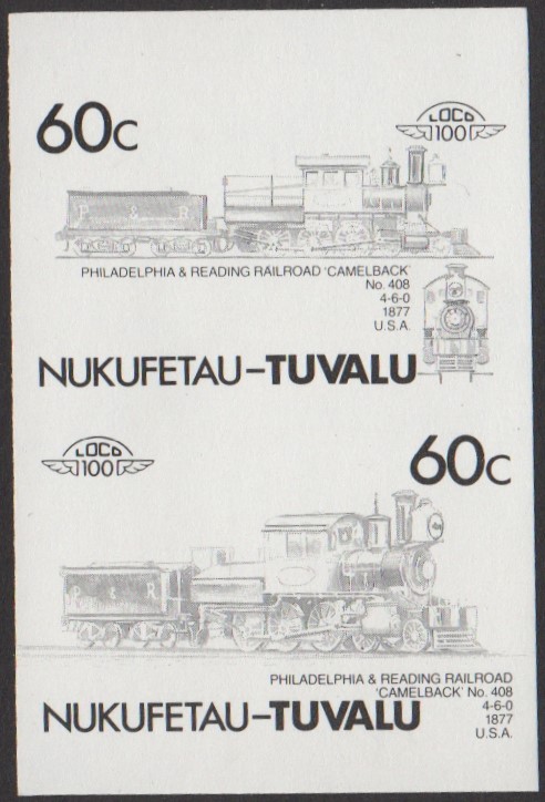 Nukufetau 3rd Series 60c 1877 Philadelphia & Reading Railroad Camelback No. 408 4-6-0 Locomotive Stamp Black Stage Color Proof