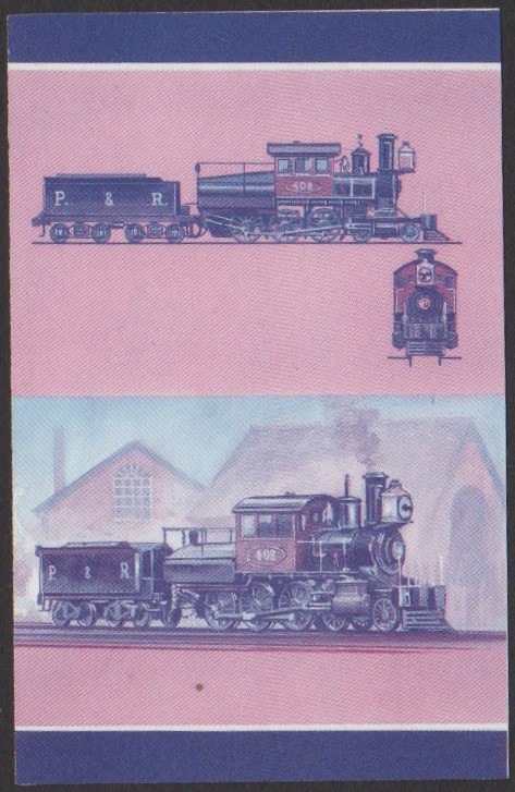 Nukufetau 3rd Series 60c 1877 Philadelphia & Reading Railroad Camelback No. 408 4-6-0 Locomotive Stamp Blue-Red Stage Color Proof