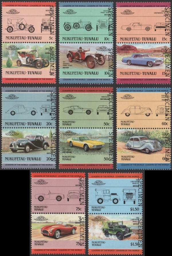 1985 Nukufetau Leaders of the World, Automobiles (2nd series) SPECIMEN Overprinted Stamps