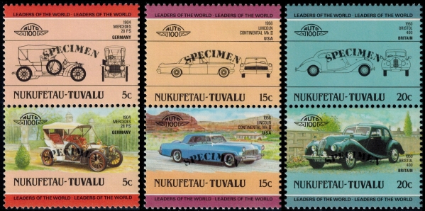 1985 Nukufetau Leaders of the World, Automobiles (2nd series) Arched SPECIMEN Overprinted Stamps